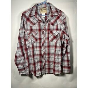 Wrangler Western Fashion Pearl Snap Shirt Plaid Red‎ Gray Large L/G Long Sleeve